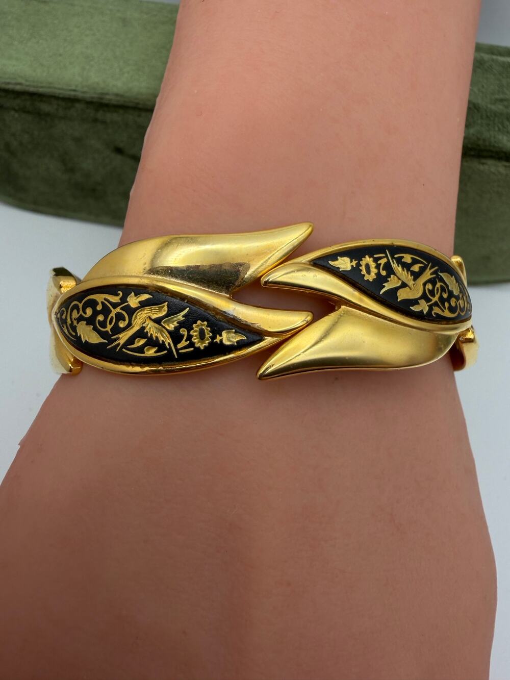 vintage bypass hinged bracelet black damascene panels bird and floral motifs